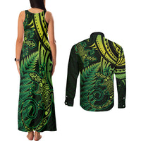 New Zealand Lizard Couples Matching Tank Maxi Dress and Long Sleeve Button Shirt Silver Fern Aotearoa Maori Green Version LT14 - Polynesian Pride