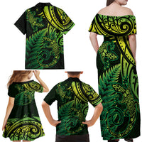 New Zealand Lizard Family Matching Off Shoulder Maxi Dress and Hawaiian Shirt Silver Fern Aotearoa Maori Green Version LT14 - Polynesian Pride