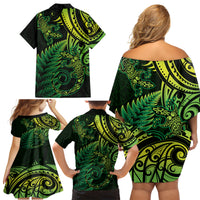 New Zealand Lizard Family Matching Off Shoulder Short Dress and Hawaiian Shirt Silver Fern Aotearoa Maori Green Version LT14 - Polynesian Pride