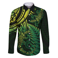New Zealand Lizard Family Matching Summer Maxi Dress and Hawaiian Shirt Silver Fern Aotearoa Maori Green Version LT14 Dad's Shirt - Long Sleeve Green - Polynesian Pride