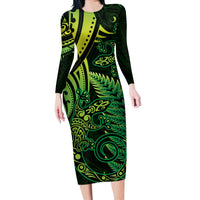 New Zealand Lizard Long Sleeve Bodycon Dress Silver Fern Aotearoa Maori Green Version LT14 Long Dress Green - Polynesian Pride