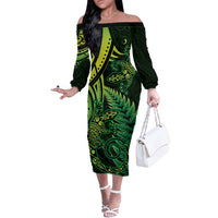 New Zealand Lizard Off The Shoulder Long Sleeve Dress Silver Fern Aotearoa Maori Green Version LT14 Women Green - Polynesian Pride