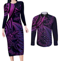 New Zealand Lizard Couples Matching Long Sleeve Bodycon Dress and Long Sleeve Button Shirt Silver Fern Aotearoa Maori Purple Version LT14 Purple - Polynesian Pride