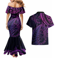 New Zealand Lizard Couples Matching Mermaid Dress and Hawaiian Shirt Silver Fern Aotearoa Maori Purple Version LT14 - Polynesian Pride