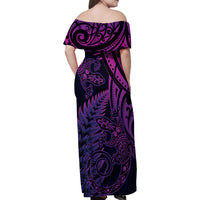 New Zealand Lizard Family Matching Off Shoulder Maxi Dress and Hawaiian Shirt Silver Fern Aotearoa Maori Purple Version LT14 - Polynesian Pride