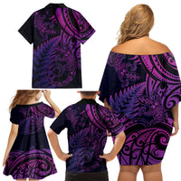 New Zealand Lizard Family Matching Off Shoulder Short Dress and Hawaiian Shirt Silver Fern Aotearoa Maori Purple Version LT14 - Polynesian Pride