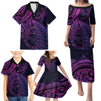 New Zealand Lizard Family Matching Puletasi and Hawaiian Shirt Silver Fern Aotearoa Maori Purple Version LT14 - Polynesian Pride