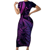 New Zealand Lizard Family Matching Short Sleeve Bodycon Dress and Hawaiian Shirt Silver Fern Aotearoa Maori Purple Version LT14 Mom's Dress Purple - Polynesian Pride