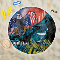 Personalised United States And New Zealand Beach Blanket USA Eagle With Kowhai Aotearoa Tui Bird LT14 One Size 150cm Blue - Polynesian Pride