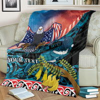 Personalised United States And New Zealand Blanket USA Eagle With Kowhai Aotearoa Tui Bird LT14 - Polynesian Pride