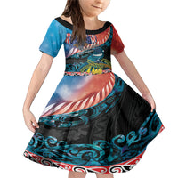 Personalised United States And New Zealand Family Matching Mermaid Dress and Hawaiian Shirt USA Eagle With Kowhai Aotearoa Tui Bird LT14 Daughter's Dress Blue - Polynesian Pride