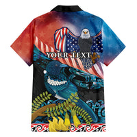 Personalised United States And New Zealand Family Matching Off The Shoulder Long Sleeve Dress and Hawaiian Shirt USA Eagle With Kowhai Aotearoa Tui Bird LT14 - Polynesian Pride