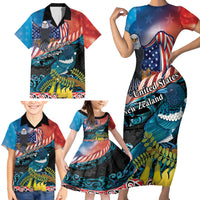 Personalised United States And New Zealand Family Matching Short Sleeve Bodycon Dress and Hawaiian Shirt USA Eagle With Kowhai Aotearoa Tui Bird LT14 - Polynesian Pride