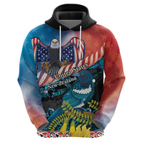 Personalised United States And New Zealand Hoodie USA Eagle With Kowhai Aotearoa Tui Bird LT14 - Polynesian Pride