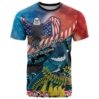 Personalised United States And New Zealand T Shirt USA Eagle With Kowhai Aotearoa Tui Bird LT14 Blue - Polynesian Pride