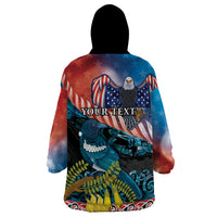 Personalised United States And New Zealand Wearable Blanket Hoodie USA Eagle With Kowhai Aotearoa Tui Bird LT14 - Polynesian Pride