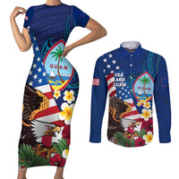 Personalised United States And Guam Couples Matching Short Sleeve Bodycon Dress and Long Sleeve Button Shirt USA Eagle With Guahan Seal Tropical Vibes LT14 Blue - Polynesian Pride