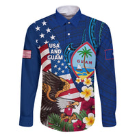 Personalised United States And Guam Family Matching Off Shoulder Maxi Dress and Hawaiian Shirt USA Eagle With Guahan Seal Tropical Vibes LT14 Dad's Shirt - Long Sleeve Blue - Polynesian Pride