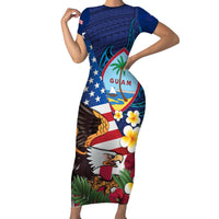 Personalised United States And Guam Short Sleeve Bodycon Dress USA Eagle With Guahan Seal Tropical Vibes LT14 Long Dress Blue - Polynesian Pride