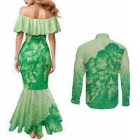 Aloha Hawaii Molokai Island Couples Matching Mermaid Dress and Long Sleeve Button Shirt Hibiscus Tribal Honu Hawaiian Tattoo Green LT14 - Polynesian Pride