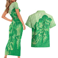 Aloha Hawaii Molokai Island Couples Matching Short Sleeve Bodycon Dress and Hawaiian Shirt Hibiscus Tribal Honu Hawaiian Tattoo Green LT14 - Polynesian Pride