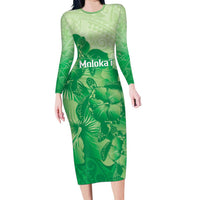 Aloha Hawaii Molokai Island Family Matching Long Sleeve Bodycon Dress and Hawaiian Shirt Hibiscus Tribal Honu Hawaiian Tattoo Green LT14 Mom's Dress Green - Polynesian Pride