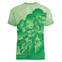 Aloha Hawaii Molokai Island Women V-Neck T-Shirt Hibiscus Tribal Honu Hawaiian Tattoo Green LT14 - Polynesian Pride