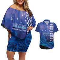 Personalised Matariki New Zealand Couples Matching Off Shoulder Short Dress and Hawaiian Shirt Maori New Year Galaxy Koru Pattern LT14 Blue - Polynesian Pride