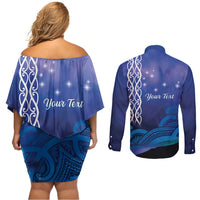 Personalised Matariki New Zealand Couples Matching Off Shoulder Short Dress and Long Sleeve Button Shirt Maori New Year Galaxy Koru Pattern LT14 - Polynesian Pride