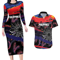 Philippines Sun Tattoo Couples Matching Long Sleeve Bodycon Dress and Hawaiian Shirt Feathers Filipinas Grunge Style Black LT14 Black - Polynesian Pride