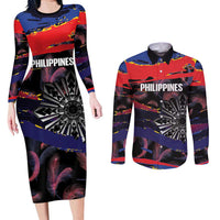 Philippines Sun Tattoo Couples Matching Long Sleeve Bodycon Dress and Long Sleeve Button Shirt Feathers Filipinas Grunge Style Black LT14 Black - Polynesian Pride