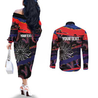 Philippines Sun Tattoo Couples Matching Off The Shoulder Long Sleeve Dress and Long Sleeve Button Shirt Feathers Filipinas Grunge Style Black LT14 - Polynesian Pride