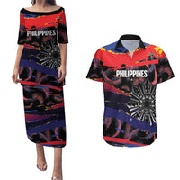 Philippines Sun Tattoo Couples Matching Puletasi and Hawaiian Shirt Feathers Filipinas Grunge Style Black