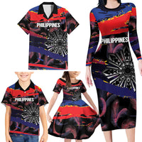 Philippines Sun Tattoo Family Matching Long Sleeve Bodycon Dress and Hawaiian Shirt Feathers Filipinas Grunge Style Black LT14 - Polynesian Pride