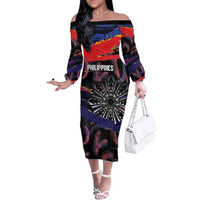 Philippines Sun Tattoo Family Matching Off The Shoulder Long Sleeve Dress and Hawaiian Shirt Feathers Filipinas Grunge Style Black LT14 Mom's Dress Black - Polynesian Pride