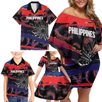 Philippines Sun Tattoo Family Matching Off Shoulder Short Dress and Hawaiian Shirt Feathers Filipinas Grunge Style Black LT14 - Polynesian Pride