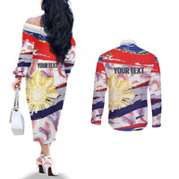 Philippines Sun Tattoo Couples Matching Off The Shoulder Long Sleeve Dress and Long Sleeve Button Shirt Feathers Filipinas Grunge Style White LT14 - Polynesian Pride