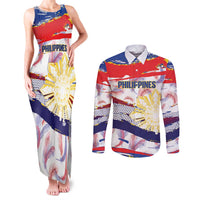 Philippines Sun Tattoo Couples Matching Tank Maxi Dress and Long Sleeve Button Shirt Feathers Filipinas Grunge Style White