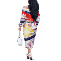 Philippines Sun Tattoo Off The Shoulder Long Sleeve Dress Feathers Filipinas Grunge Style White