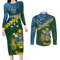 Personalised Solomon Islands Darts Couples Matching Long Sleeve Bodycon Dress and Long Sleeve Button Shirt Tropical Leaves Melanesian Pattern LT14 Green - Polynesian Pride