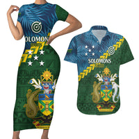 Personalised Solomon Islands Darts Couples Matching Short Sleeve Bodycon Dress and Hawaiian Shirt Tropical Leaves Melanesian Pattern LT14 Green - Polynesian Pride