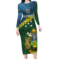 Personalised Solomon Islands Darts Family Matching Long Sleeve Bodycon Dress and Hawaiian Shirt Tropical Leaves Melanesian Pattern LT14 Mom's Dress Green - Polynesian Pride