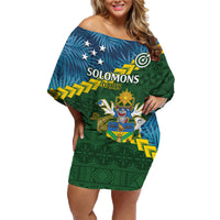 Personalised Solomon Islands Darts Family Matching Off Shoulder Short Dress and Hawaiian Shirt Tropical Leaves Melanesian Pattern LT14 Mom's Dress Green - Polynesian Pride
