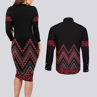 Red Aotearoa Mangopare Kowhaiwhai and Niho Taniwha Couples Matching Long Sleeve Bodycon Dress and Long Sleeve Button Shirt Maori New Zealand LT14 - Polynesian Pride