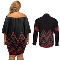Red Aotearoa Mangopare Kowhaiwhai and Niho Taniwha Couples Matching Off Shoulder Short Dress and Long Sleeve Button Shirt Maori New Zealand LT14 - Polynesian Pride