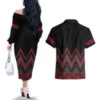 Red Aotearoa Mangopare Kowhaiwhai and Niho Taniwha Couples Matching Off The Shoulder Long Sleeve Dress and Hawaiian Shirt Maori New Zealand LT14 - Polynesian Pride