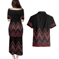 Red Aotearoa Mangopare Kowhaiwhai and Niho Taniwha Couples Matching Puletasi and Hawaiian Shirt Maori New Zealand LT14 - Polynesian Pride