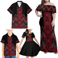 Red Aotearoa Mangopare Kowhaiwhai and Niho Taniwha Family Matching Off Shoulder Maxi Dress and Hawaiian Shirt Maori New Zealand LT14 - Polynesian Pride