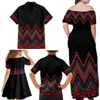 Red Aotearoa Mangopare Kowhaiwhai and Niho Taniwha Family Matching Off Shoulder Maxi Dress and Hawaiian Shirt Maori New Zealand LT14 - Polynesian Pride
