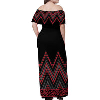 Red Aotearoa Mangopare Kowhaiwhai and Niho Taniwha Family Matching Off Shoulder Maxi Dress and Hawaiian Shirt Maori New Zealand LT14 - Polynesian Pride